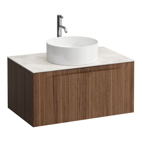 LAUFEN ARUN Zásuvkový element 800, s 1 zásuvkou, s výrezom uprostred, s vrchnou doskou Botticino Crema vr. otvoru pre batériu, 805x505x390 mm, Noce Canaletto – drevená dyha 630, H4171051516301