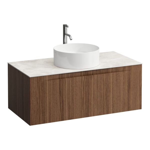 LAUFEN ARUN Zásuvkový element 1000, s 1 zásuvkou, s výrezom uprostred, s vrchnou doskou Botticino Crema vr. otvoru pre batériu, 1005x505x390 mm, Noce Canaletto – drevená dyha 630, H4171151516301