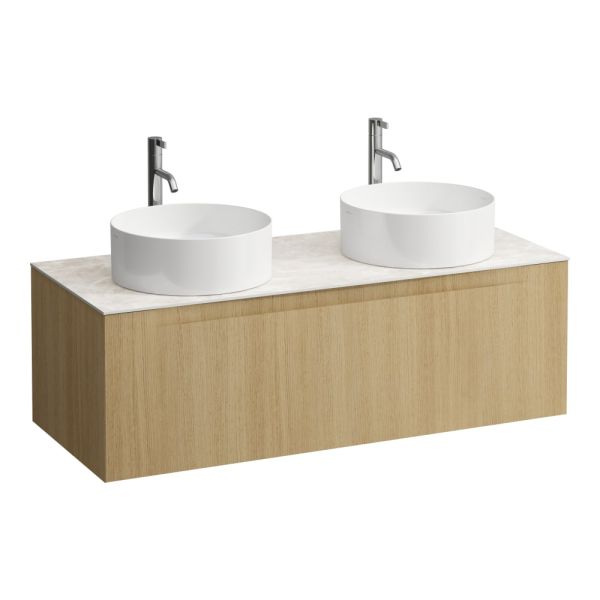 LAUFEN ARUN Zásuvkový element 1200, s 1 zásuvkou, s výrezom vľavo a vpravo, s vrchnou doskou Botticino Crema vr. otvoru pre batériu, 1205x505x390 mm, Bledý dub 250, H4171291512501