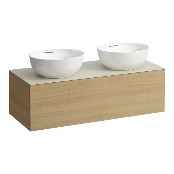 LAUFEN ILBAGNOALESSI Zásuvkový element 1200, s 1 zásuvkou, s výrezom vľavo a vpravo, top Calce Avorio, pre umývadlo H818975/6, 1200x500x370 mm, Bledý dub 250, H4313140972501