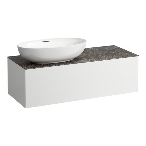 LAUFEN ILBAGNOALESSI Zásuvkový element 1200, s 1 zásuvkou, s výrezom vľavo, top Marrone Naturale, pre umývadlo H818975/6, H818977/8, 1200x500x370 mm, Biela matná 260, H4323120972601