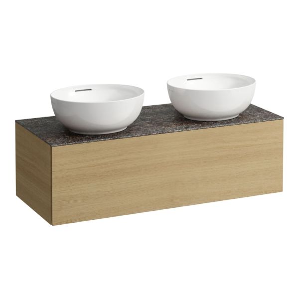 LAUFEN ILBAGNOALESSI Zásuvkový element 1200, s 1 zásuvkou, s výrezom vľavo a vpravo, top Marrone Naturale vr. otvoru pre batériu, pre umývadlo H818975/6, 1200x500x370 mm, Bledý dub 250, H4323180972501