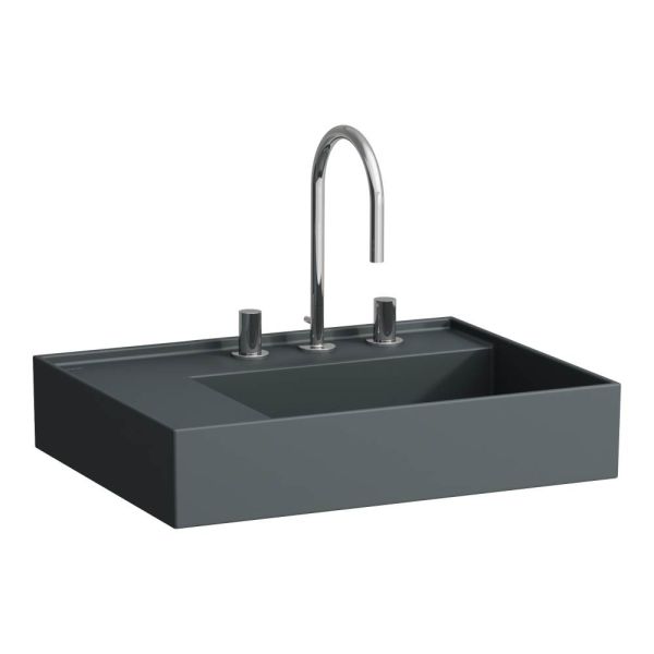 LAUFEN Kartell LAUFEN Umývadlo, odkladacia plocha vľavo, so skrytým odpadom s tromi otvormi pre batériu, bez prepadu, SaphirKeramik, 600x460 mm, farba Grafit mat, H8103357581581