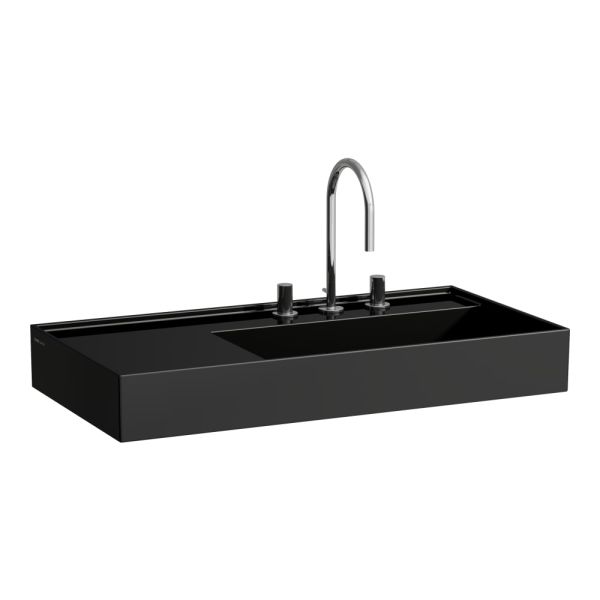 LAUFEN Kartell LAUFEN Umývadlo, odkladacia plocha vľavo, so skrytým odpadom s tromi otvormi pre batériu, bez prepadu, SaphirKeramik, 900x460 mm, farba Čierna lesklá, H8103390201581