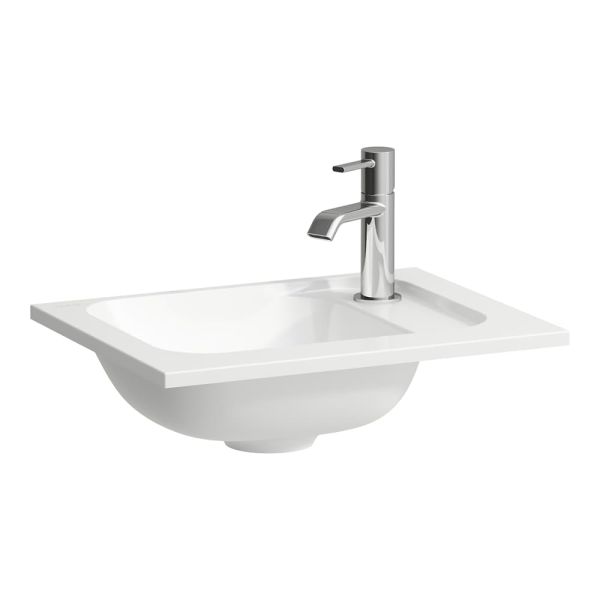 LAUFEN MEDA Umývadielko, s armatúrnou doskou vpravo, materiál Marbond s armatúrovou doskou vpravo, s jedným otvorom pre batériu vpravo, bez prepadu, 442x342 mm, farba Biela, H8141100001141