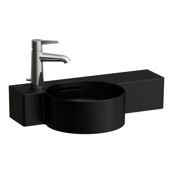 LAUFEN VAL Okrúhle umývadielko, s odkladacou plochou vpravo s armatúrovou doskou vľavo, s jedným otvorom pre batériu vľavo, bez prepadu, SaphirKeramik, 550x315 mm, farba Čierna matná, H8152837161131