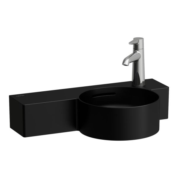 LAUFEN VAL Okrúhle umývadielko, s odkladacou plochou vľavo s jedným otvrom pre batériu vpravo, s prepadom, rezané na jednej strane, SaphirKeramik, 550x315 mm, farba Čierna matná, H8152847168121