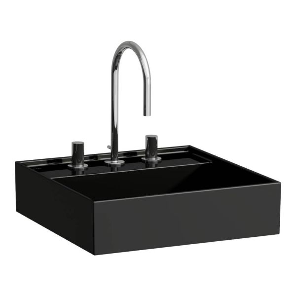 LAUFEN Kartell LAUFEN Umývadielko so skrytým odpadom s tromi otvormi pre batériu, bez prepadu, SaphirKeramik, 460x460 mm, farba Čierna lesklá, H8153310201581