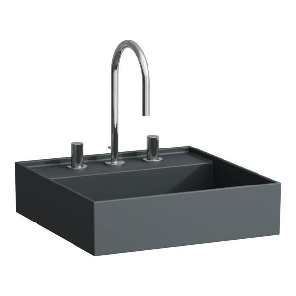 LAUFEN Kartell LAUFEN Umývadielko so skrytým odpadom, polička vľavo, brúsená spodná časť s tromi otvormi pre batériu, bez prepadu, SaphirKeramik, 460x460 mm, farba Grafit mat, H8183317581581