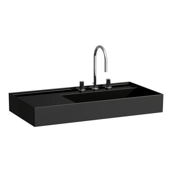 LAUFEN Kartell LAUFEN Umývadlo so skrytým odpadom, odkladacia plocha vľavo, brúsená spodná časť s jedným otvorom pre batériu, bez prepadu, SaphirKeramik, 900x460 mm, farba Čierna lesklá, H8183390201111