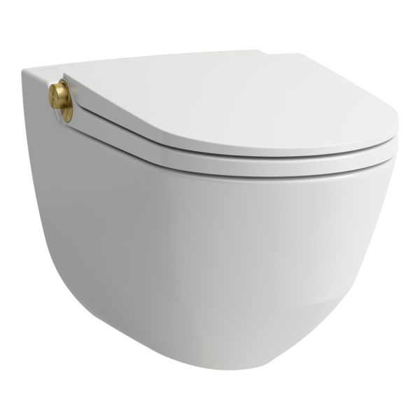 LAUFEN CLEANET RIVA Závesné WC rimless so zabudovanou bidetovou spŕškou, WC sedadlo s poklopom so spomaľovacím mechanizmom, diaľkový ovládač, LCC biela s brúsenou zlatou 401, 600x395 mm, H8206914010001