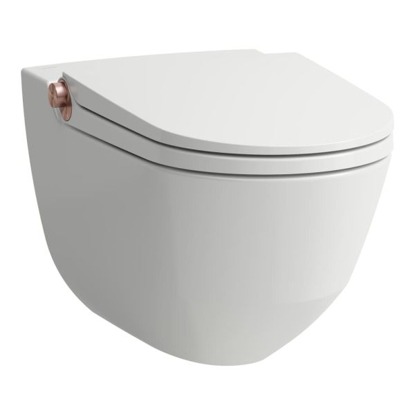 LAUFEN CLEANET RIVA Závesné WC rimless so zabudovanou bidetovou spŕškou, WC sedadlo s poklopom so spomaľovacím mechanizmom, diaľkový ovládač, LCC biela s brúsenou zlato-rúžovou 403, 600x395 mm, H8206914030001