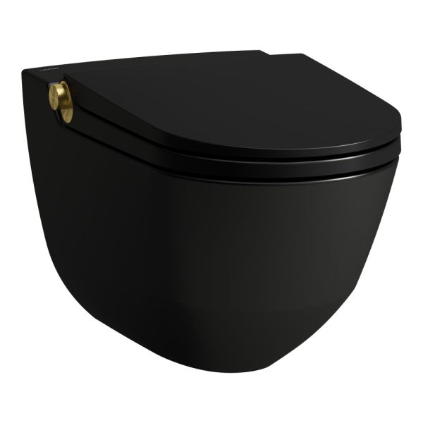 LAUFEN CLEANET RIVA Závesné WC rimless so zabudovanou bidetovou spŕškou, WC sedadlo s poklopom so spomaľovacím mechanizmom, diaľkový ovládač, Čierna matná s brúsenou zlatou 717, 600x395 mm, H8206917170001