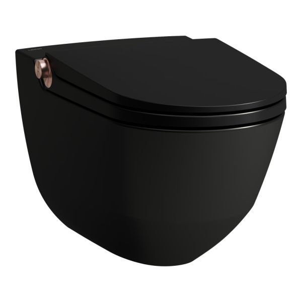 LAUFEN CLEANET RIVA Závesné WC rimless so zabudovanou bidetovou spŕškou, WC sedadlo s poklopom so spomaľovacím mechanizmom, diaľkový ovládač, Čierna matná s brúsenou zlato-rúžovou 719, 600x395 mm, H8206917190001