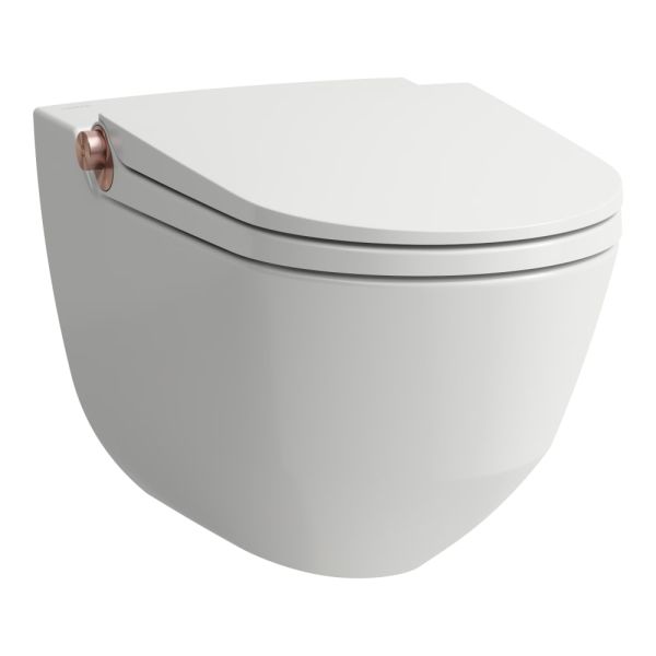 LAUFEN CLEANET RIVA Závesné WC rimless so zabudovanou bidetovou spŕškou, WC sedadlo s poklopom so spomaľovacím mechanizmom, diaľkový ovládač, Biela matná s brúsenou zlato-rúžovou 764, 600x395 mm, H8206917640001
