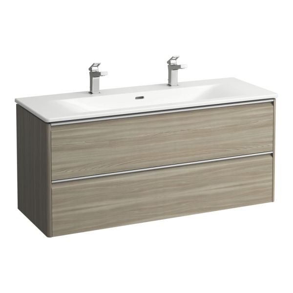 LAUFEN PALACE Umývadlo slim so skrinkou 120 cm, s 2 zásuvkami, vr. deliaceho systému do zásuviek, úchytka z eloxovaného hliníka (lesk), 1200x450x545 mm, Bledý brest 262, H8607092621071