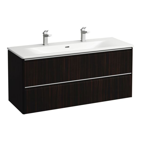 LAUFEN PALACE Umývadlo slim so skrinkou 120 cm, s 2 zásuvkami, vr. deliaceho systému do zásuviek, úchytka z eloxovaného hliníka (lesk), 1200x450x545 mm, Tmavohnedý brest 263, H8607092631071