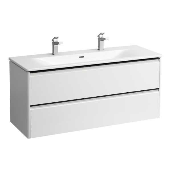 LAUFEN PALACE Umývadlo slim so skrinkou 120 cm, s 2 zásuvkami, vr. deliaceho systému do zásuviek, úchytka z tmavého hliníka (mat), 1200x450x545 mm, Biela matná 260, H8617092601071