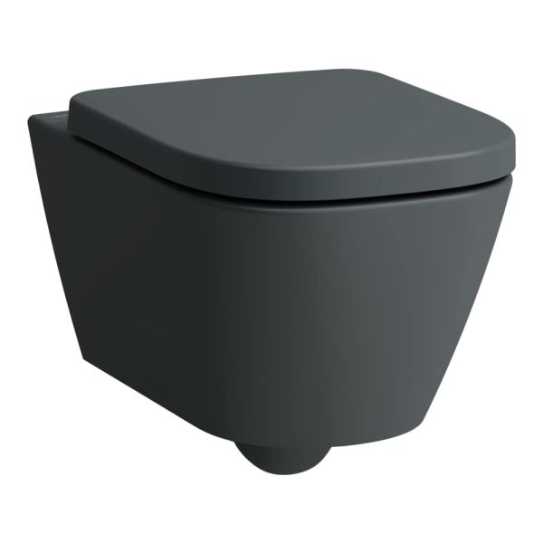 LAUFEN MEDA, Závesný WC COMBI PACK, Silent Flush, Rimless, hlboké splachovanie, vrátane WC sedadla s poklopom so spomaľovacím sklápacím systémom a sadu zvukovo izolačných podložiek medzi WC a stenu, Grafit matná 758, 540x360 mm, H8661107580001