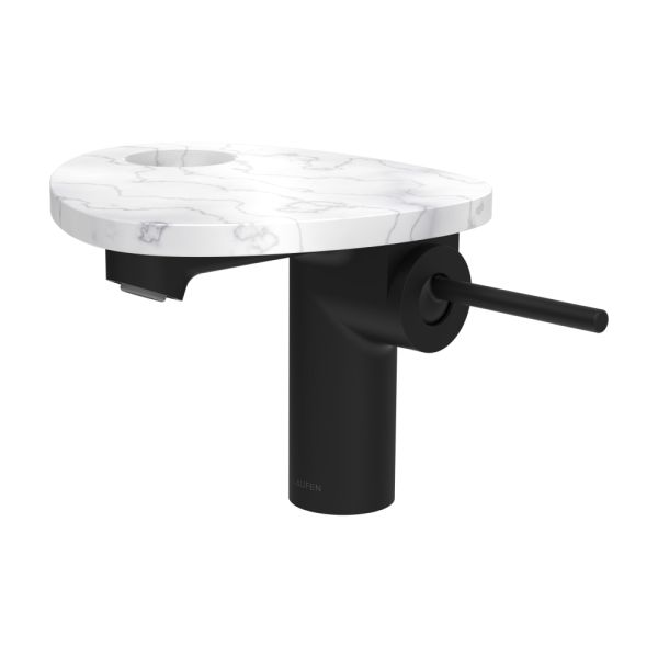 LAUFEN ADA Umývadlová stojánková páková batéria s výtokom 110 mm, bez výpusti, vrátane poličky s otvorom, PVD čierna/mramor biely 515, HF506702515000