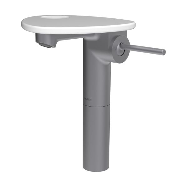 LAUFEN ADA Umývadlová stojánková páková batéria vysoká s výtokom 110 mm, bez výpusti, vrátane poličky s otvorom, PVD nerez/biela matná 502, HF506714502000