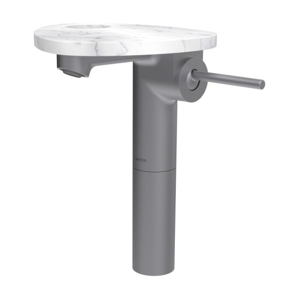 LAUFEN ADA Umývadlová stojánková páková batéria vysoká s výtokom 110 mm, bez výpusti, vrátane poličky s otvorom, PVD nerez/mramor biely 505, HF506714505000