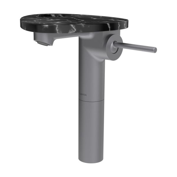 LAUFEN ADA Umývadlová stojánková páková batéria vysoká s výtokom 110 mm, bez výpusti, vrátane poličky s otvorom, PVD nerez/mramor čierny 506, HF506714506000