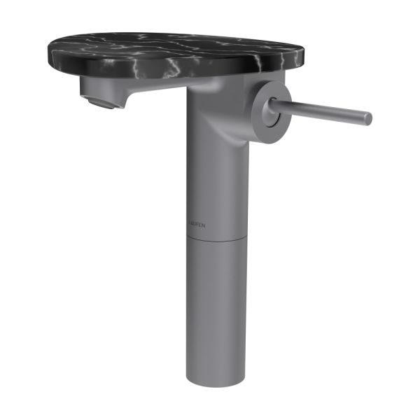 LAUFEN ADA Umývadlová stojánková páková batéria vysoká s výtokom 110 mm, bez výpusti, vrátane poličky bez otvoru, PVD nerez/mramor čierny 506, HF506714506060