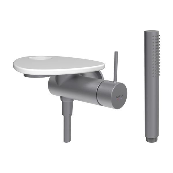 LAUFEN ADA Sprchová podomietková páková batéria pre 1-bodový Simibox, s ručnou sprchou a hadicou, vrátane poličky s otvorom, PVD nerez/biela matná 502, HF506755502000