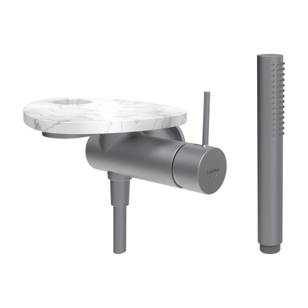 LAUFEN ADA Sprchová podomietková páková batéria pre 1-bodový Simibox, s ručnou sprchou a hadicou, vrátane poličky s otvorom, PVD nerez/mramor biely 505, HF506755505000