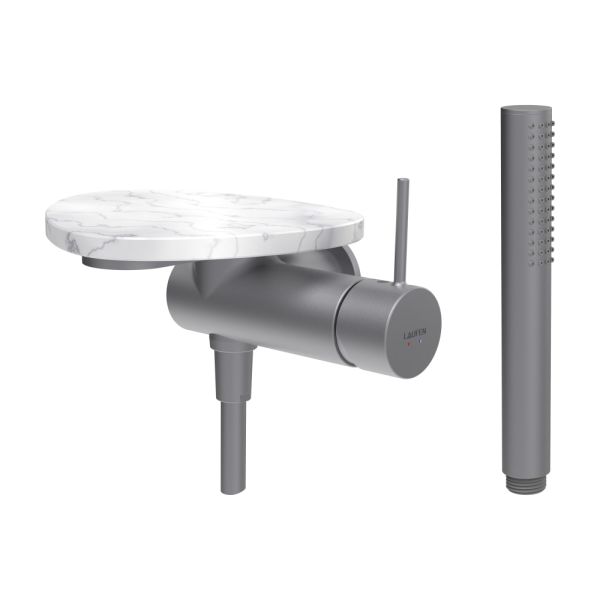LAUFEN ADA Sprchová podomietková páková batéria pre 1-bodový Simibox, s ručnou sprchou a hadicou, vrátane poličky bez otvoru, PVD nerez/mramor biely 505, HF506755505060