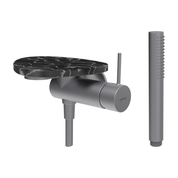 LAUFEN ADA Sprchová podomietková páková batéria pre 1-bodový Simibox, s ručnou sprchou a hadicou, vrátane poličky bez otvoru, PVD nerez/mramor čierny 506, HF506755506060