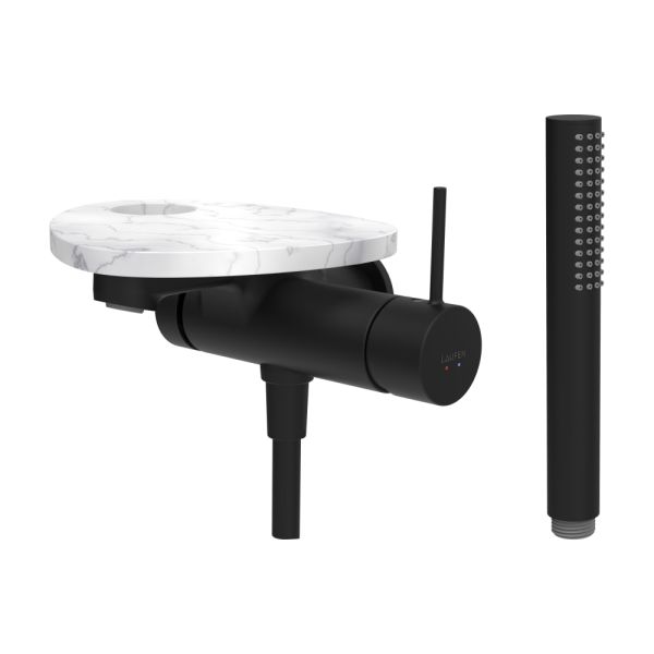 LAUFEN ADA Vaňová podomietková páková batéria pre 1-bodový Simibox, s ručnou sprchou a hadicou, vrátane poličky s otvorom, PVD čierna/mramor biely 515, HF506765515000