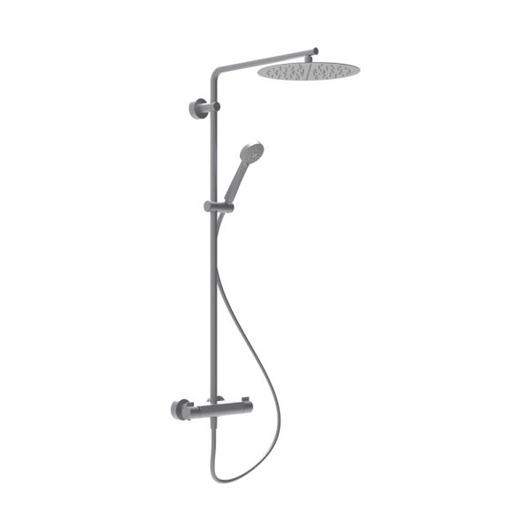 LAUFEN VIVID Sprchový stĺp, termostatická batéria, tenká hlavová sprcha s dažďovým efektom, priemer 300 mm, sprchová hadica 1500 mm a ručná sprcha, PVD inox kartáčovaná oceľ 423, HF905452423630