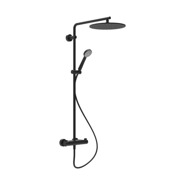 LAUFEN VIVID Sprchový stĺp, termostatická batéria, tenká hlavová sprcha s dažďovým efektom, priemer 300 mm, sprchová hadica 1500 mm a ručná sprcha, PVD titán čierný mat 428, HF905452428630