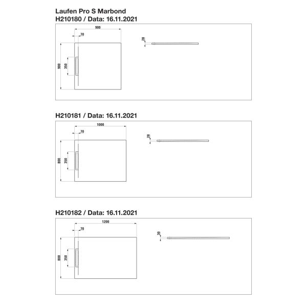 LAUFEN LAUFEN PRO S Sprchová vanička, štvorcová, s lineárnym odtokom na kratšej strane, Marbond, 900x900x28 mm, Biela 000, H2101800000001