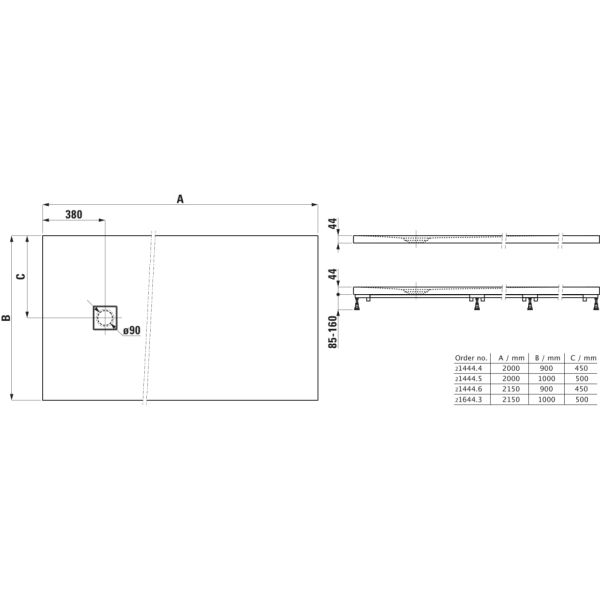 LAUFEN SOLUTIONS Sprchová vanička, obdĺžniková, s odtokom na boku, Marbond, 2150x900x44 mm, Biela 000, H2144460000001
