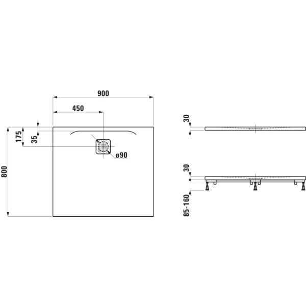 LAUFEN LAUFEN PRO Sprchová vanička, obdĺžniková, s odtokom na dlhšej strane, Marbond, 900x800x30 mm, Svetlo šedá 077, H2149500770001