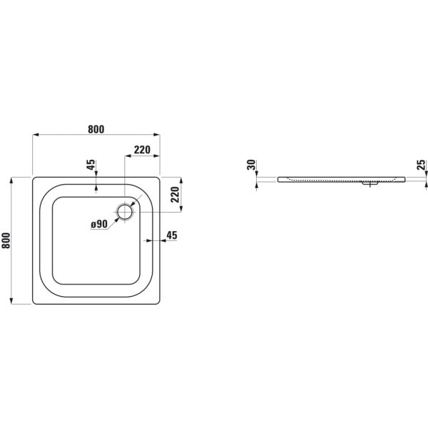 LAUFEN PLATINA Oceľová sprchová vanička, hrúbka 3,5 mm, 800x800x25 mm, Biela / protišmyková 600, H2150016000401