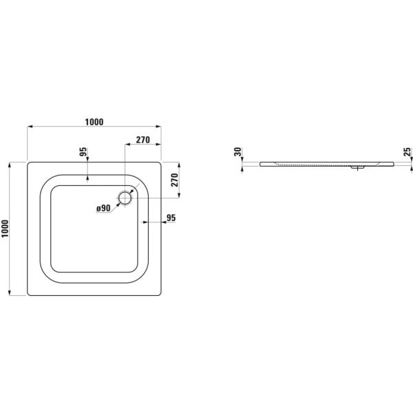LAUFEN PLATINA Oceľová sprchová vanička, hrúbka 3,5 mm, 1000x1000x25 mm, Biela matná 757, H2150047570401