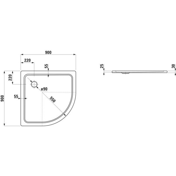 LAUFEN PLATINA Oceľová sprchová vanička štvrťkruh, rádius 550mm, 900x900x25 mm, Biela 000, H2150080000401