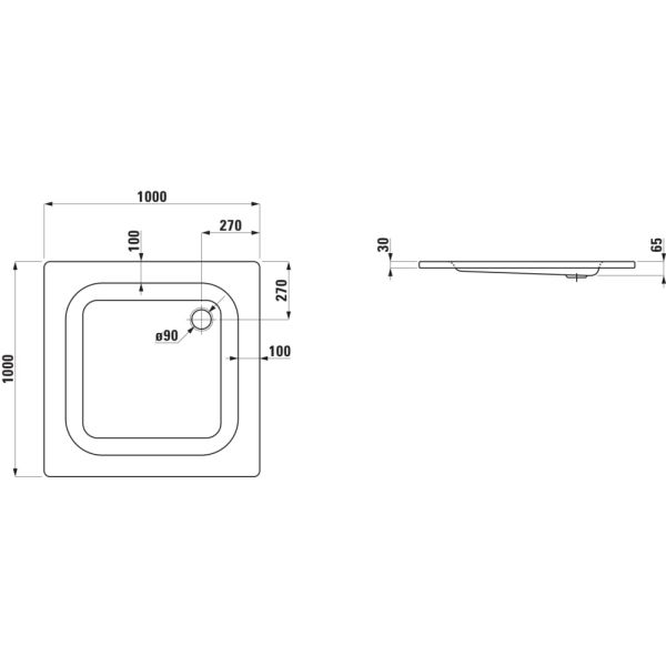 LAUFEN PLATINA Oceľová sprchová vanička, hrúbka 3,5 mm, 1000x1000x65 mm, Biela 000, H2150140000401
