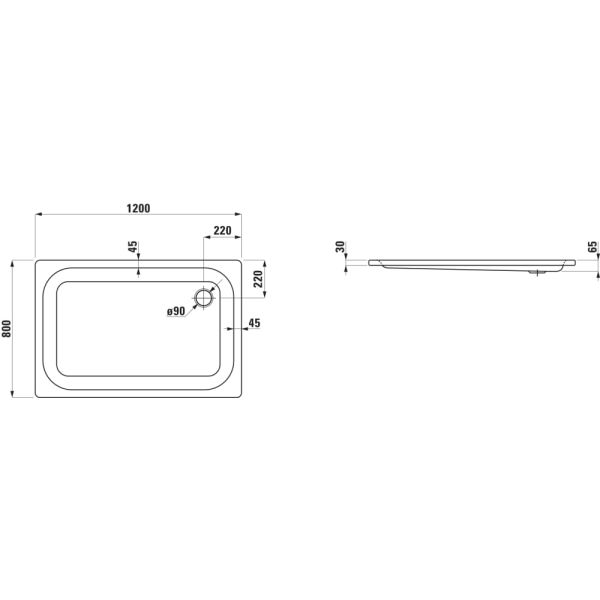 LAUFEN PLATINA Oceľová sprchová vanička, hrúbka 3,5 mm, 1200x800x65 mm, Biela 000, H2150150000401