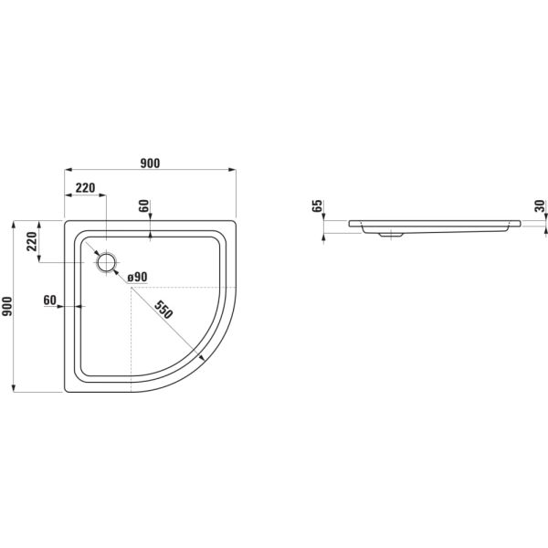 LAUFEN PLATINA Oceľová sprchová vanička štvrťkruh, rádius 550mm, 900x900x65 mm, Biela matná 757, H2150187570401