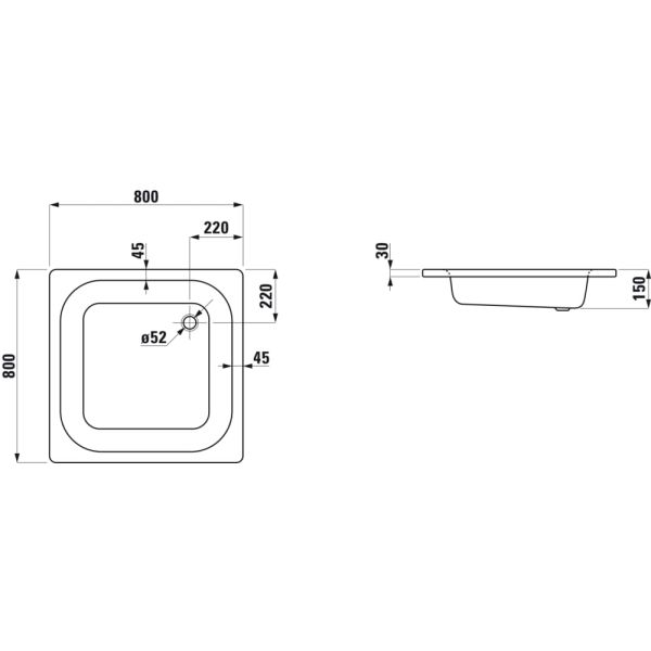 LAUFEN PLATINA Oceľová sprchová vanička, hrúbka 3,5 mm, 800x800x150 mm, Biela matná 757, H2150217570401