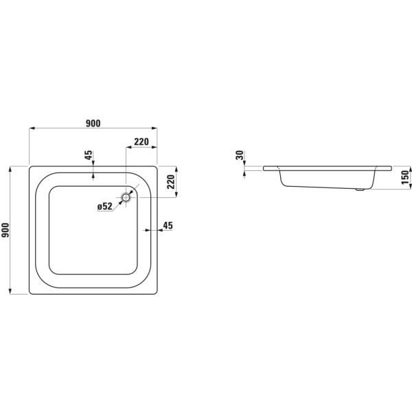 LAUFEN PLATINA Oceľová sprchová vanička, hrúbka 3,5 mm, 900x900x150 mm, Biela / protišmyková 600, H2150226000401