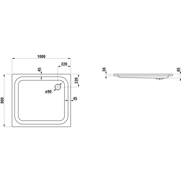 LAUFEN PLATINA Oceľová sprchová vanička, obdĺžniková, oceľ 3,5 mm, plochá (65 mm), 1000x900x65 mm, Biela 000, H2150310000401