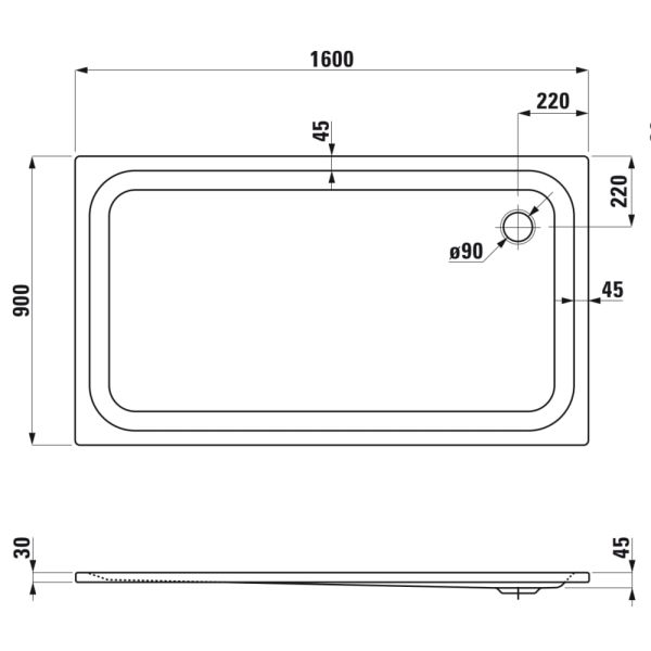 LAUFEN PLATINA Oceľová Sprchová vanička, obdĺžniková, oceľ 3,5 mm, plochá (45 mm), 1600x900x45 mm, Biela / protišmyková 600, H2150366000401