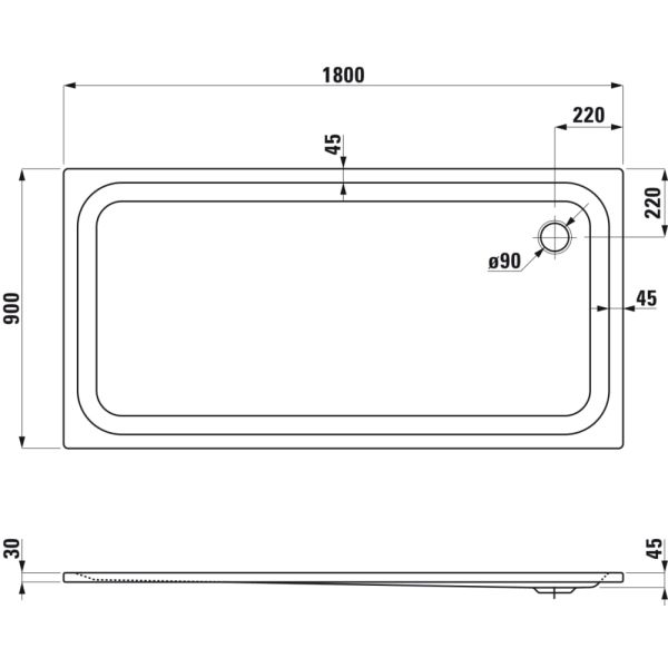 LAUFEN PLATINA Oceľová Sprchová vanička, obdĺžniková, oceľ 3,5 mm, plochá (45 mm), 1800x900x45 mm, Biela / protišmyková 600, H2150376000401
