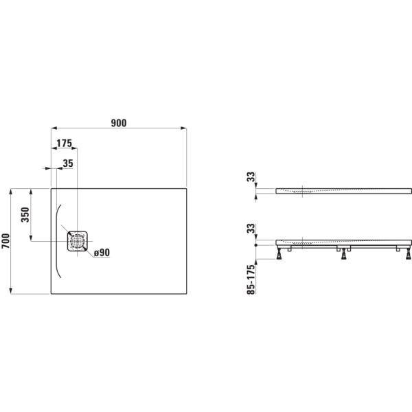 LAUFEN LAUFEN PRO Sprchová vanička Marbond s odtokom na boku, 900x700x28 mm, Biela 000, H2169560000001